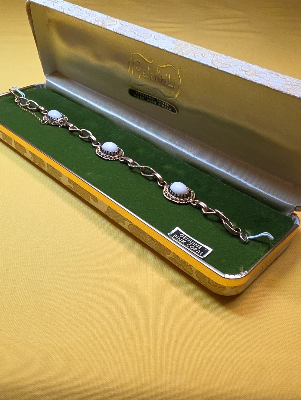 Vintage Celebrity Gold Filled Sterling Pink Coral Link Bracelet Set Boxed 7.5"